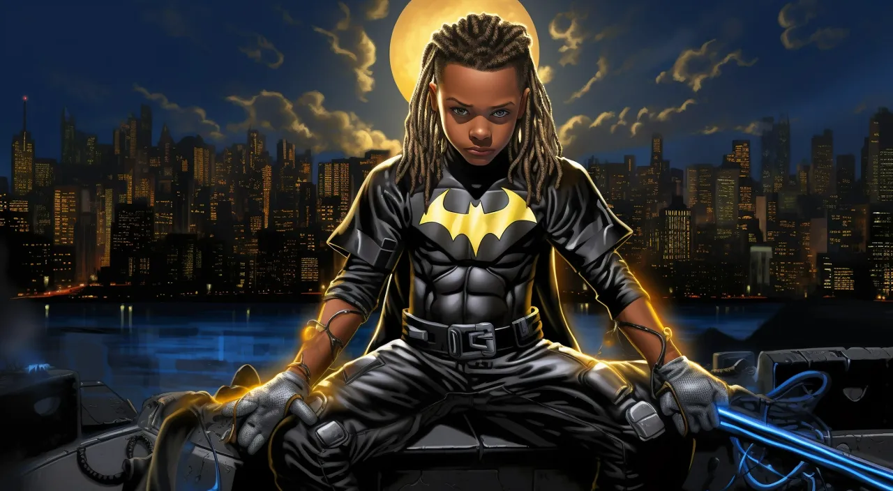 a seven year old black kid, bat boy superhero with stitch braids hairstyle about to jump off the roof of a skyscraper, in the style of mark brooks and Andrew boog faithfull black with yellow batman symbol on his bat suit, heroic, commission for, smilecore, black background, lit-up Gotham city architecture behind him, captivating portraits, 32k 