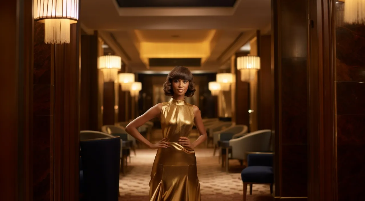 a woman in a gold dress walking in a hallway