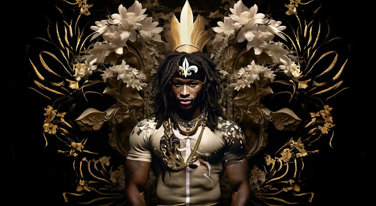 a digital painting of a alvin kamara wearing a fluer de lis headdress