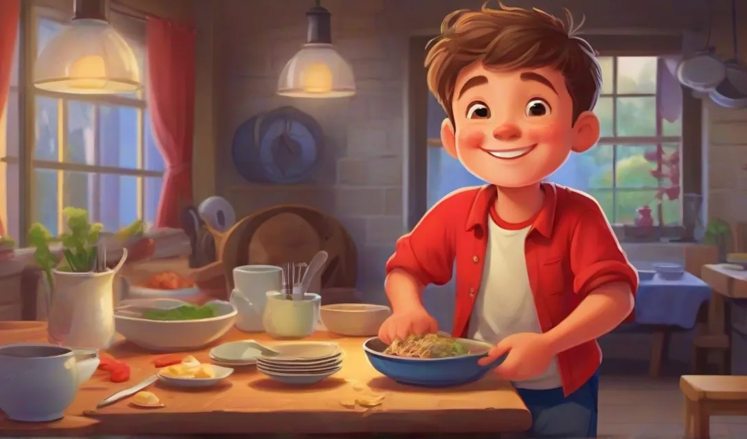 a young boy standing in front of a table with a bowl of food