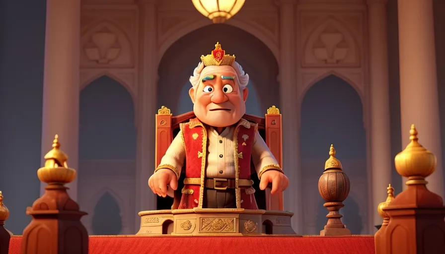 a cartoon character sitting on a throne in a room