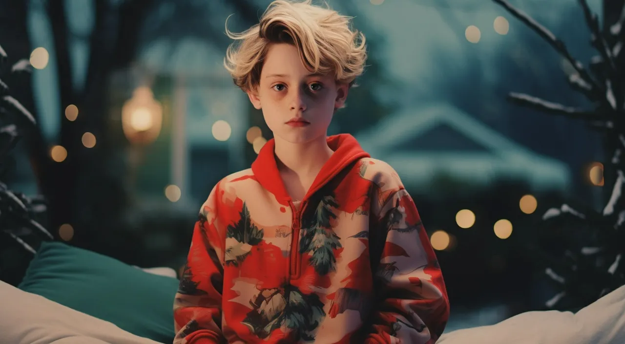 a young boy sitting on a bed in front of a christmas tree