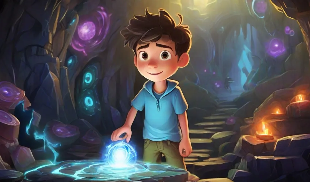 a boy standing in a cave with a glowing orb