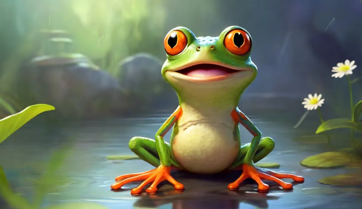 a frog is sitting in the water and smiling