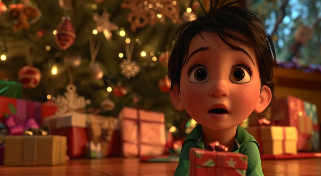 a young boy with a surprised look standing in front of a christmas tree