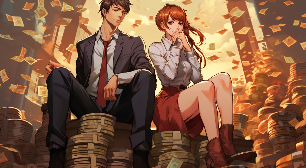 a couple of people sitting on top of stacks of money in anime style