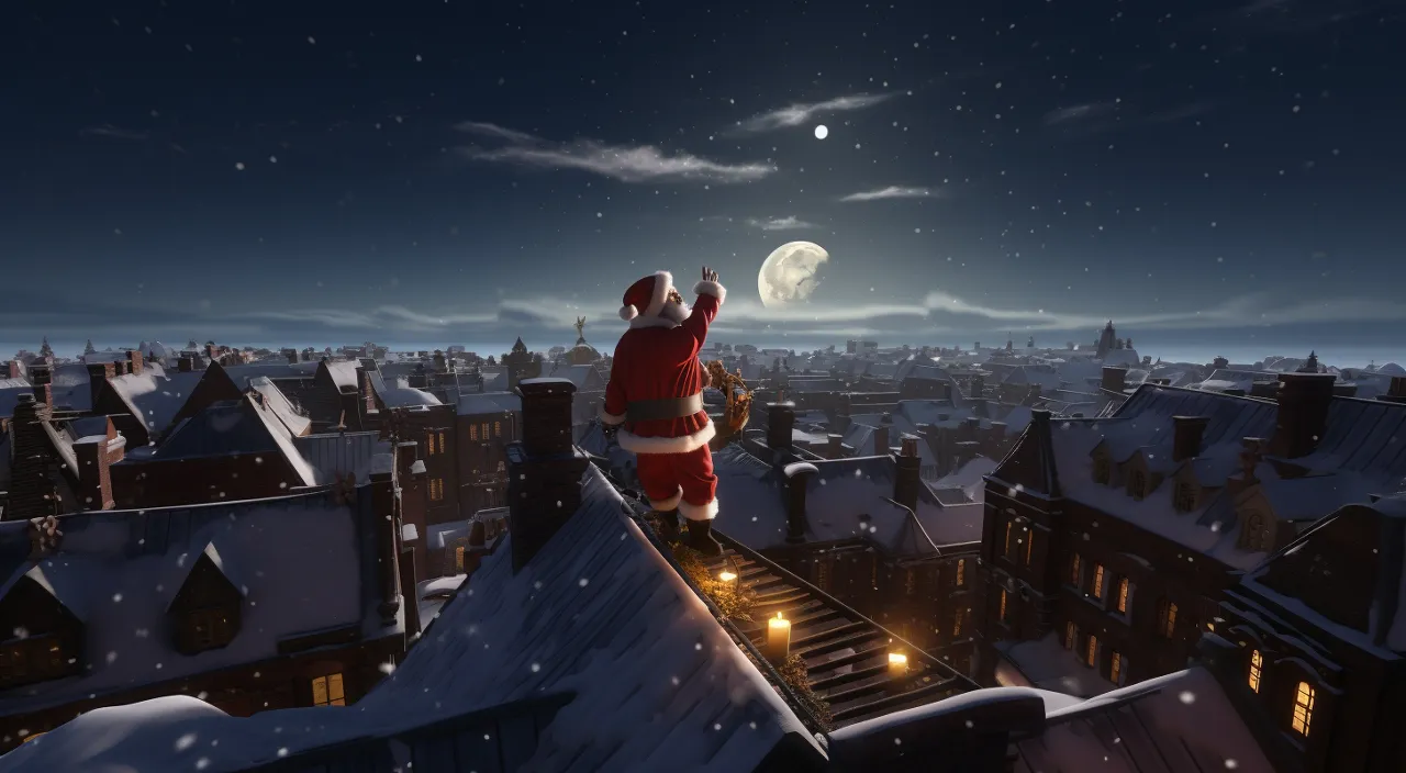 a santa clause standing on top of a roof at night