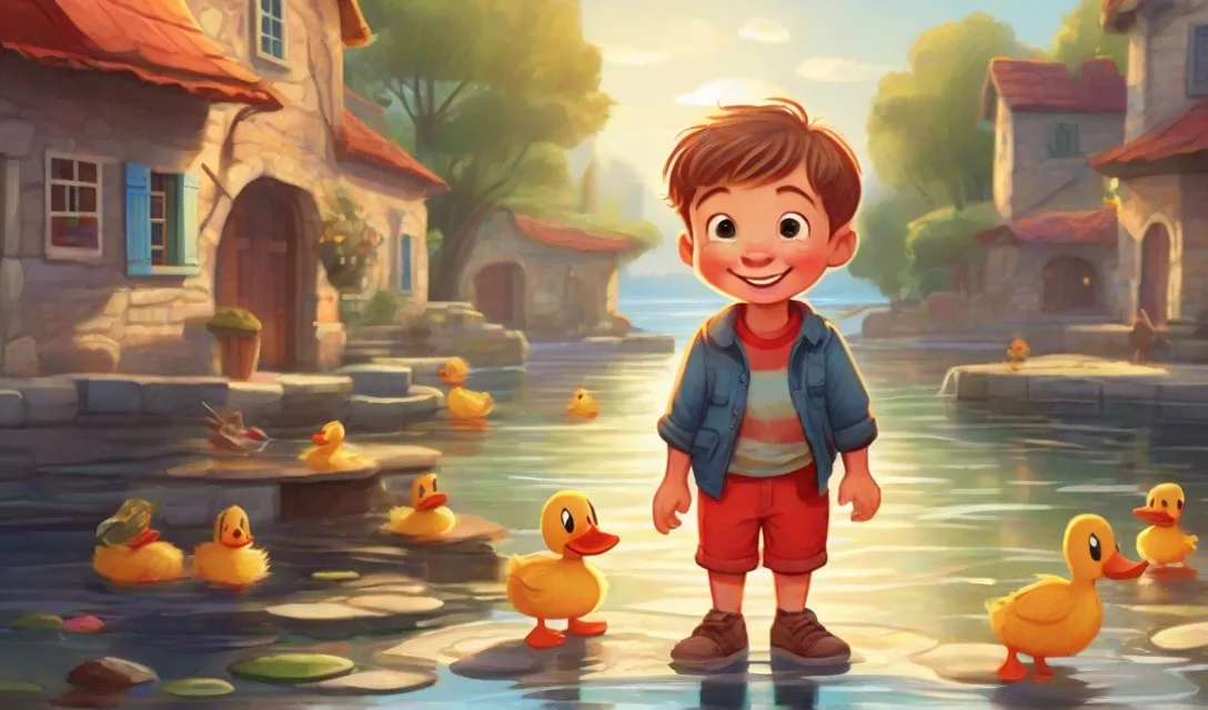 a little boy standing in front of a bunch of ducks