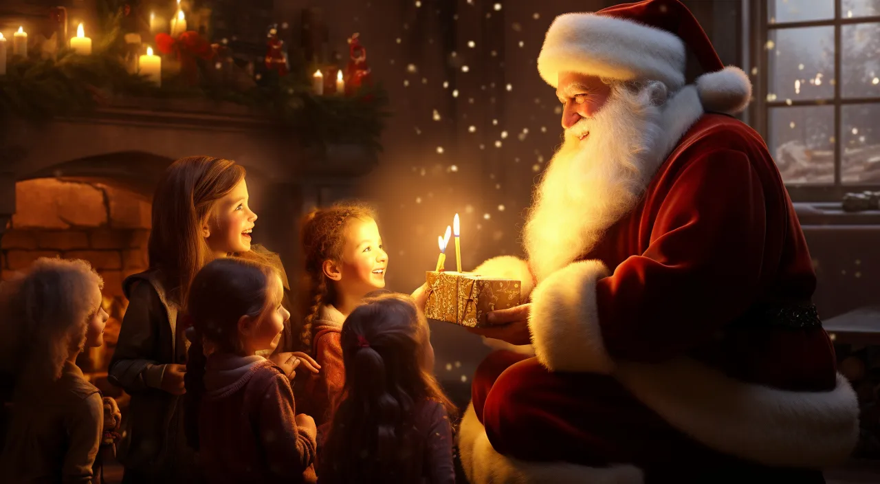 a group of children standing around a santa clause