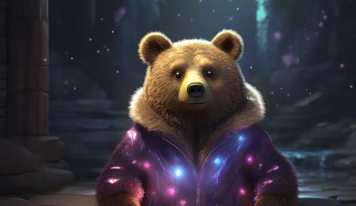 a large brown bear wearing a purple jacket