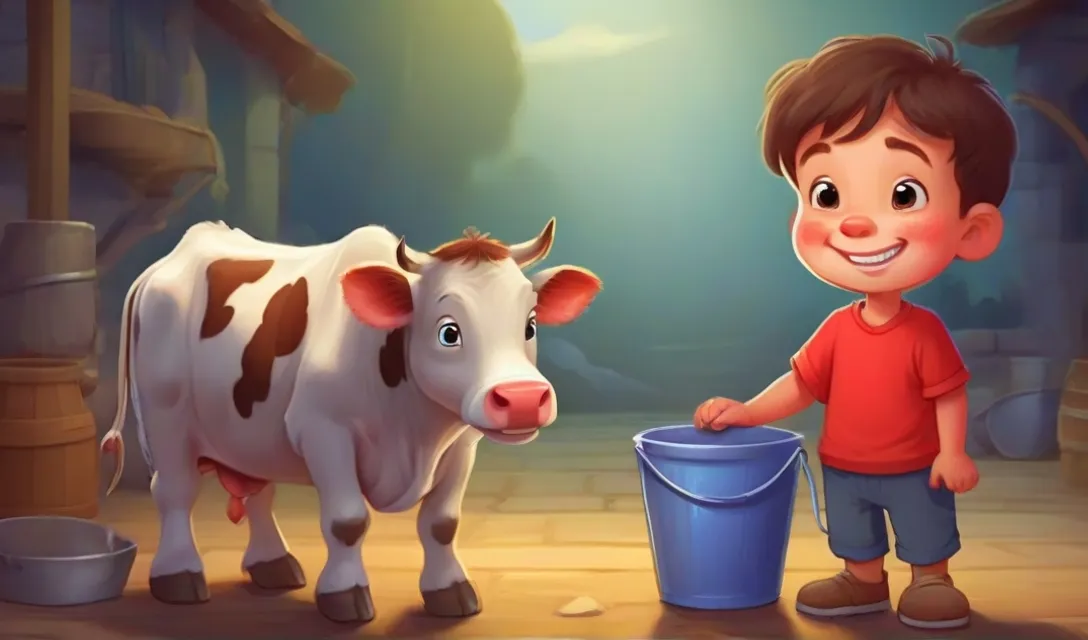 a little boy standing next to a cow with a bucket