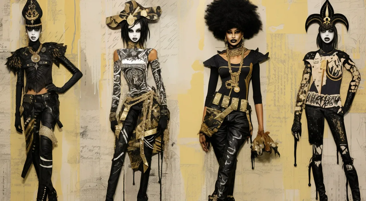 a group of mannequins dressed in black and gold fluer de lis clothing, posing