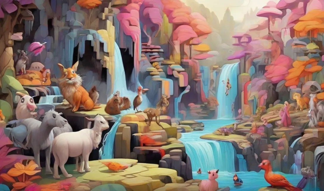 a painting of a waterfall with animals in it