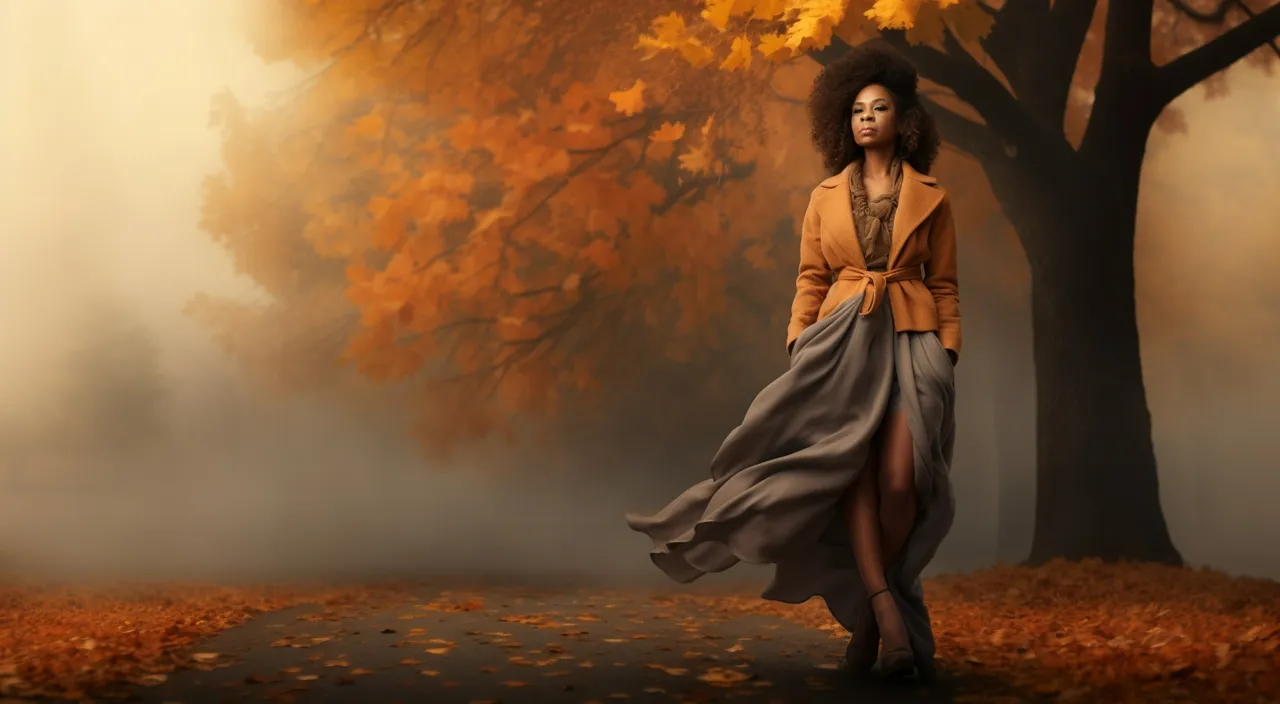 a woman in a long dress walking down a road, autumn time, leaves blowing in the wind, 32k