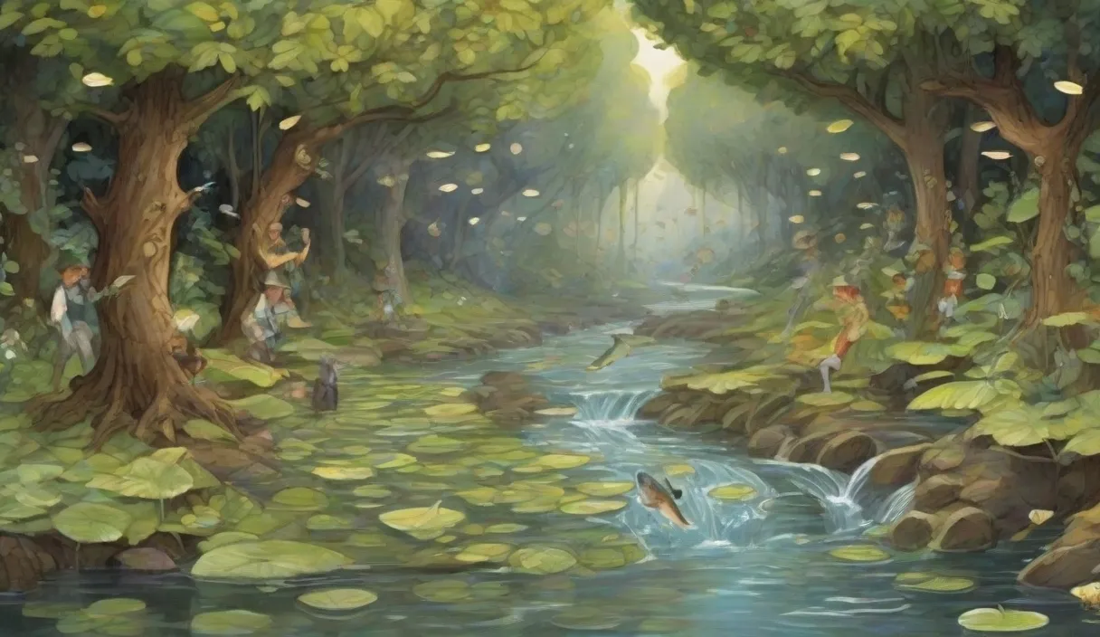 a painting of people in a forest by a stream