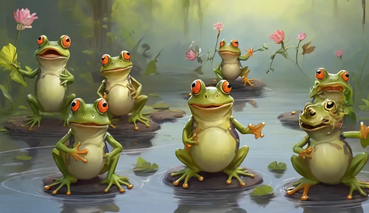 a group of frogs sitting on top of a pond