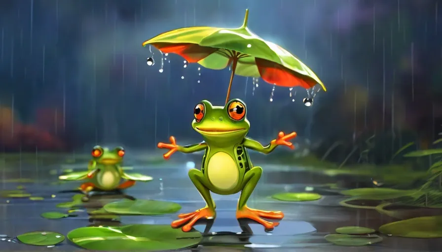 a frog holding an umbrella in the rain