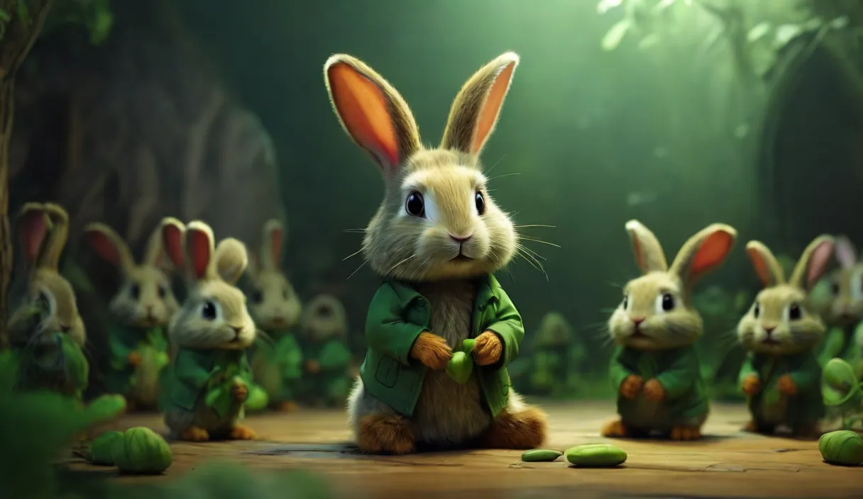 a group of rabbits dressed in green outfits