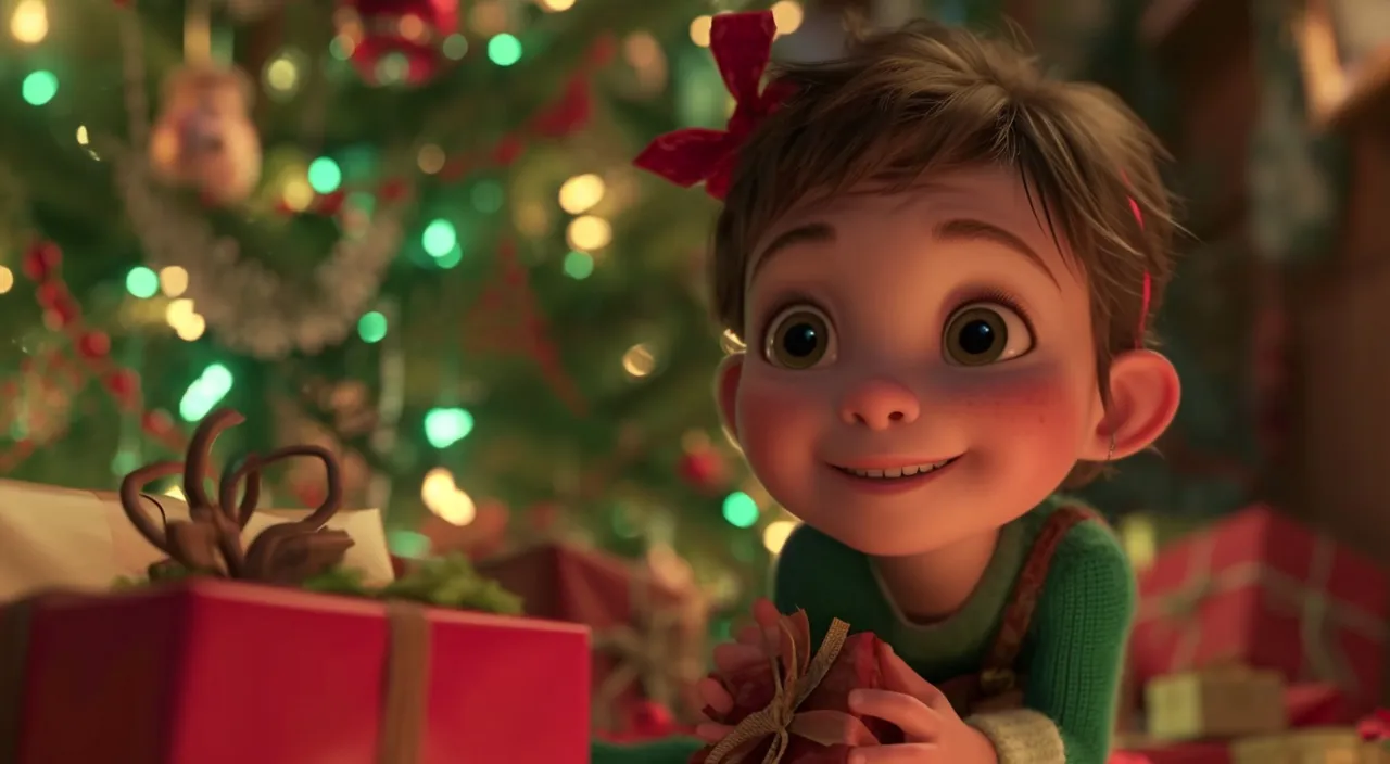 a young boy holding a present in front of a christmas tree