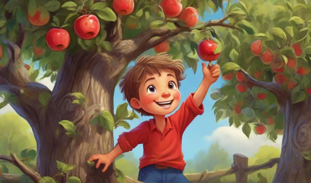 a painting of a boy picking apples from a tree