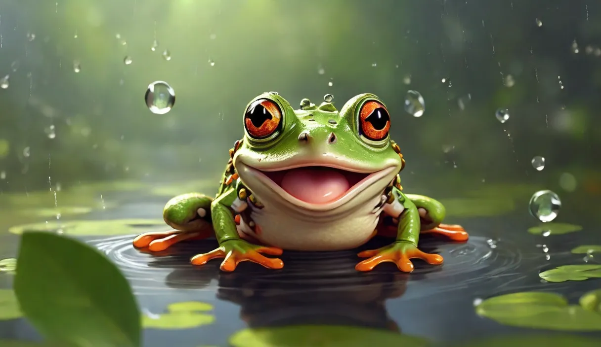 a frog is sitting in the water with its mouth open