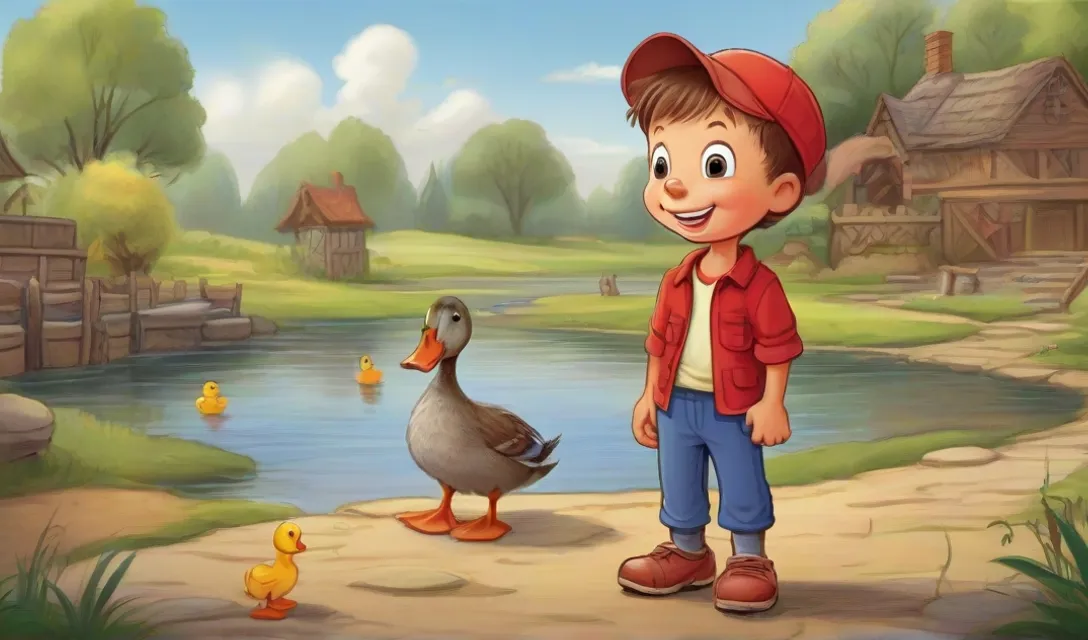 a boy standing next to a duck near a pond