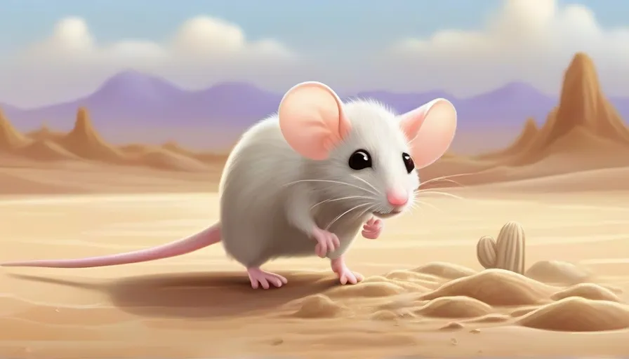 A little white mouse walking sand into desert. cartoon