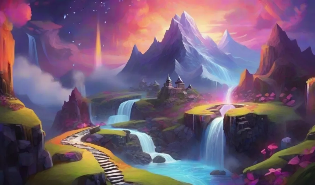 a painting of a waterfall in a fantasy landscape