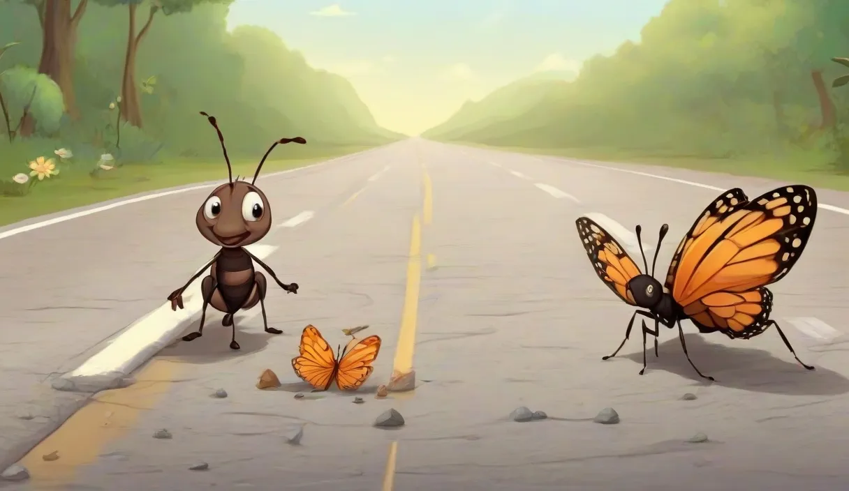 a couple of bugs standing on top of a road