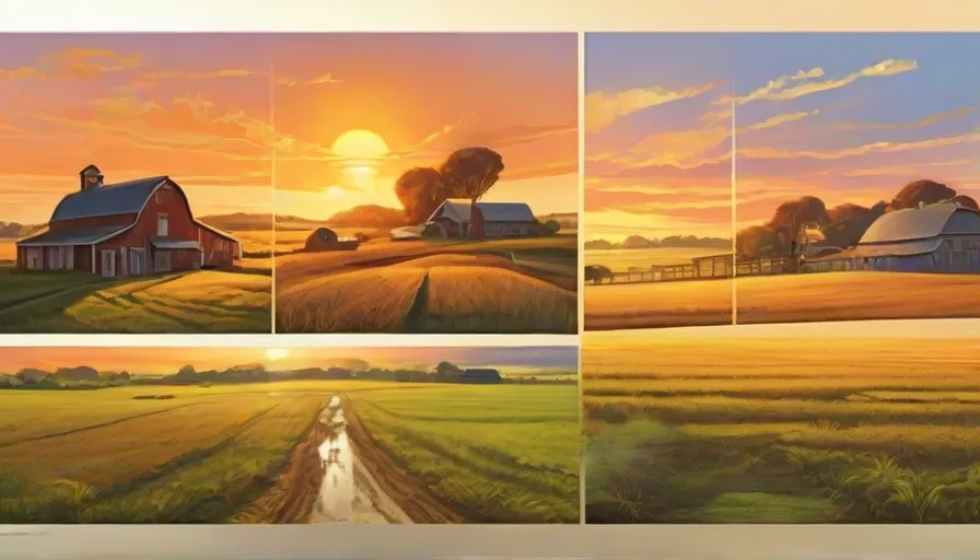 a series of paintings of a farm scene