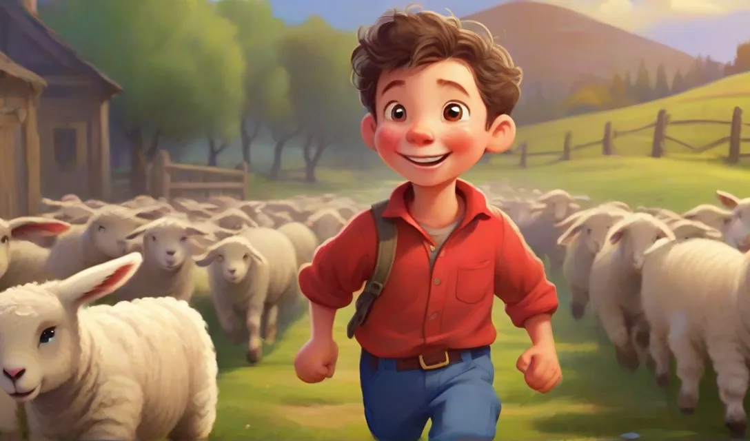 a boy in a red shirt is herding sheep