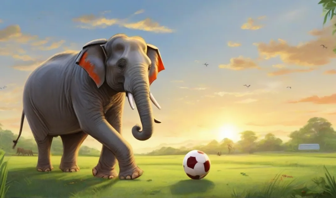 a painting of an elephant playing with a soccer ball