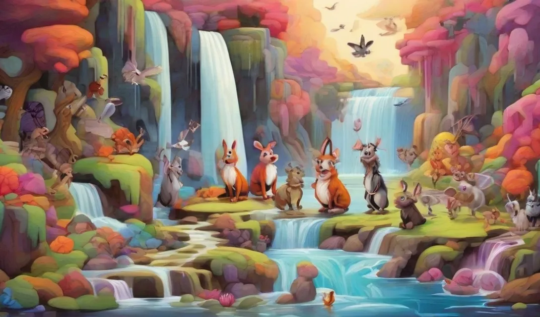 a painting of a group of animals standing in front of a waterfall