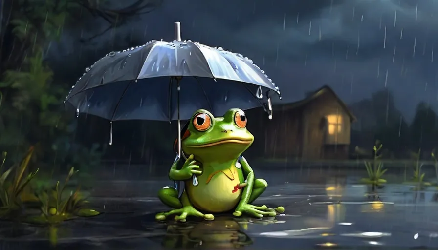 a frog sitting in the rain holding an umbrella