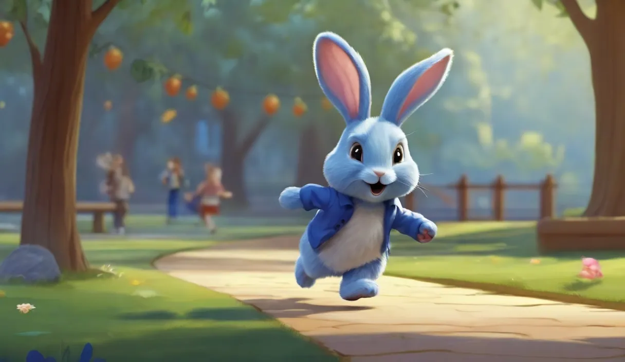 a cartoon bunny running down a path in a park