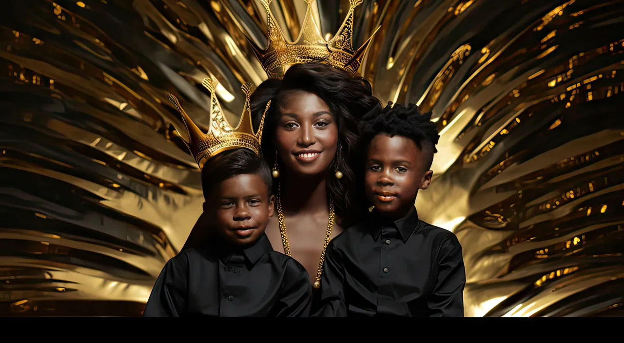 a woman and two children standing in front of a golden background