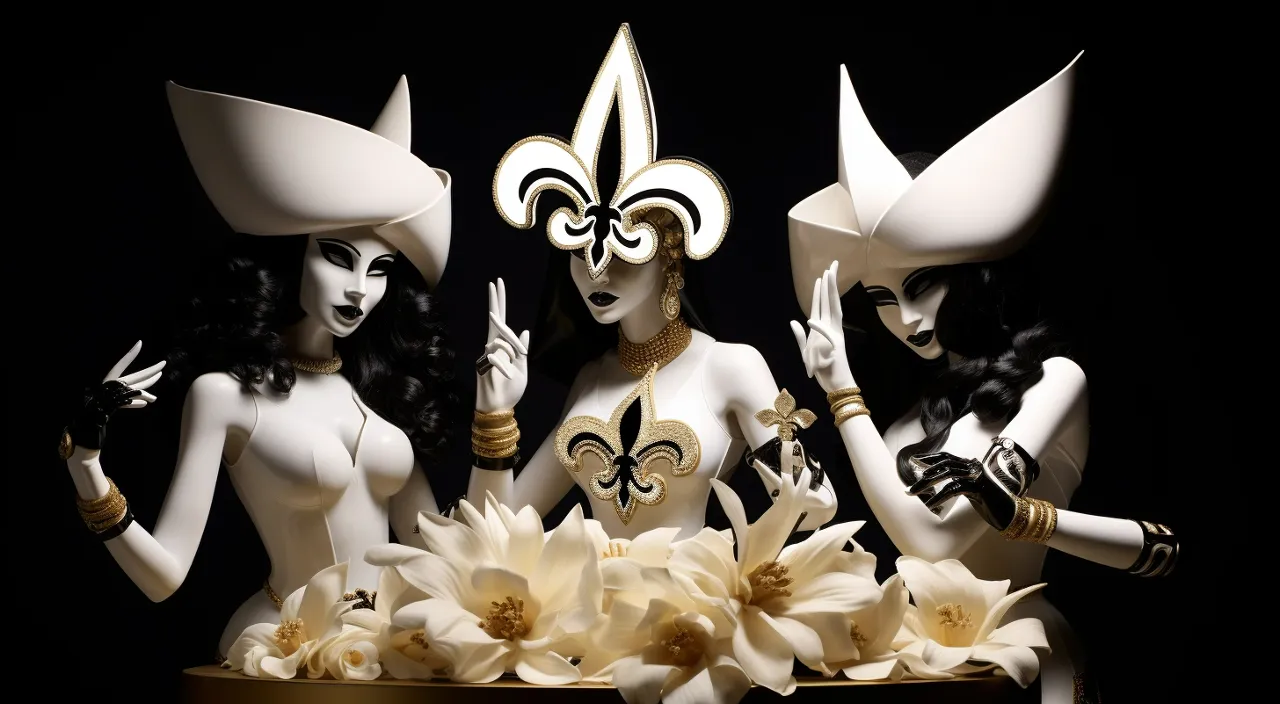 new orleans saints commercial for 3 female new orleans saints players , new orleans saints logo frenzy style, in the style of pop art-inspired collages, sculptural costumes, dark white and dark bronze, precision painting, dynamic still lifes, white, black, and gold, fluer de lis style, 32k