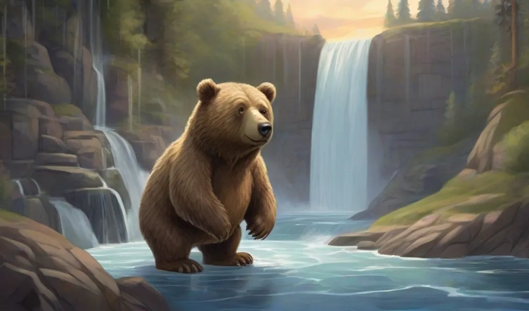 a painting of a bear standing in front of a waterfall