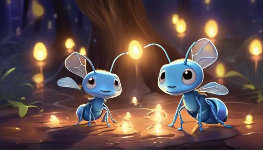 a couple of small blue bugs standing next to each other