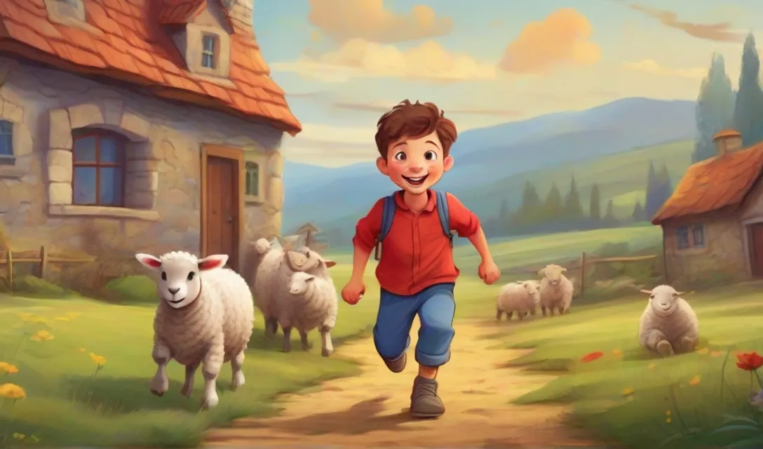 a young boy is running down a path in front of a herd of sheep