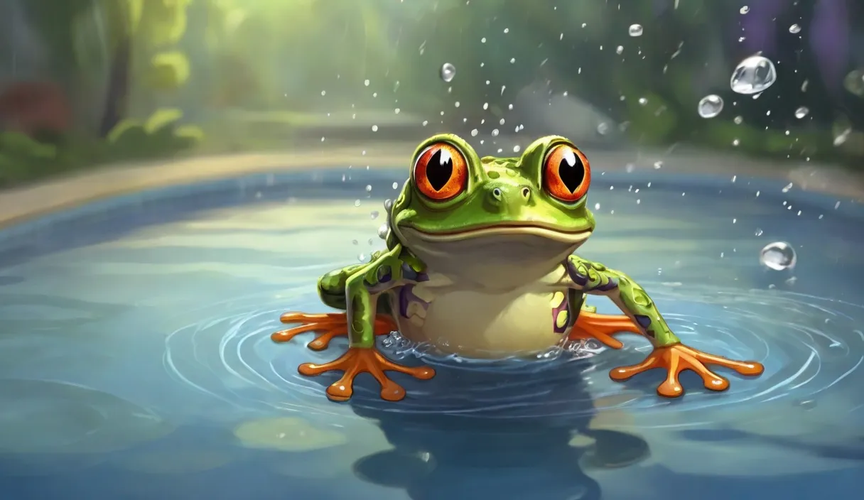 a frog sitting on top of a pool of water