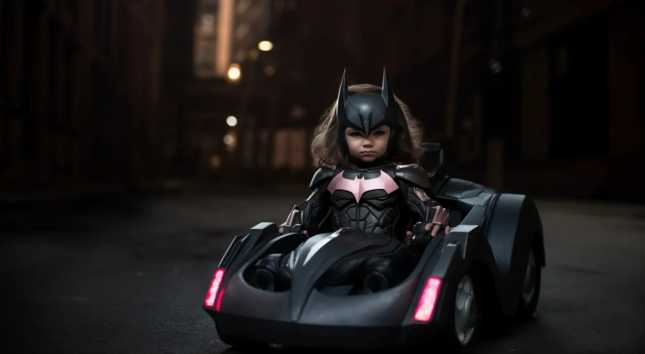 a little girl in a batman costume riding a toy car