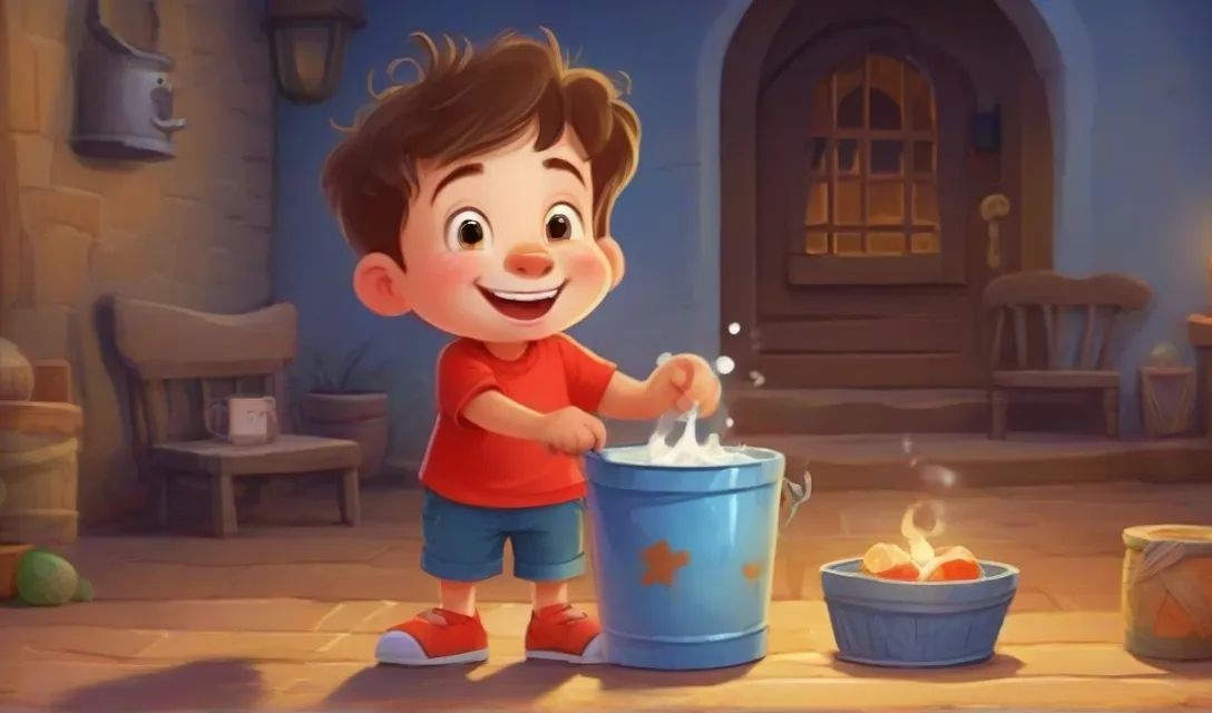 a little boy standing next to a blue bucket