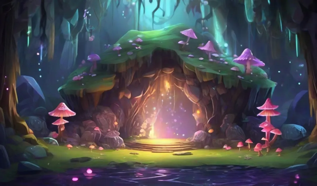 a cave in the middle of a forest filled with mushrooms