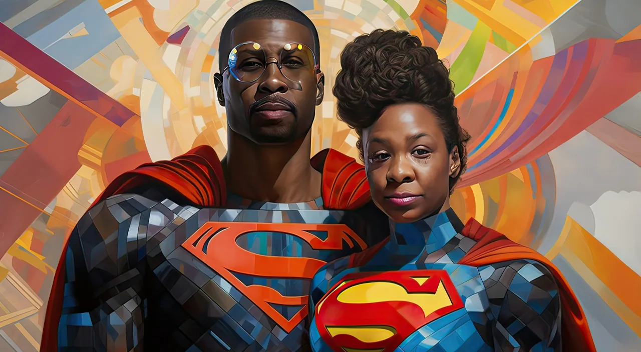 a painting of a man and a woman dressed as superman