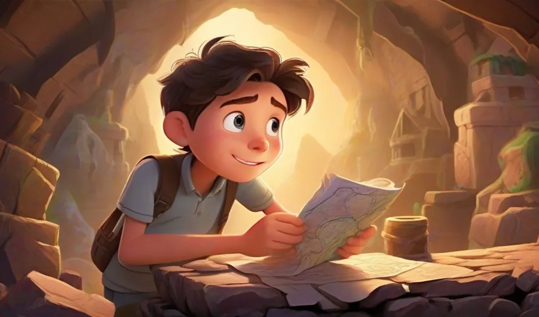 a boy reading a map in a cave