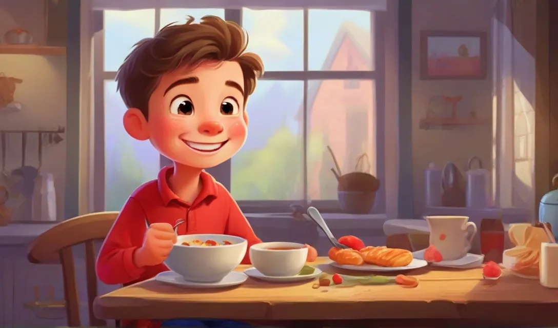 Oliver, a cheerful little boy wearing red shirt and blue pant, finishes his breakfast. cartoon