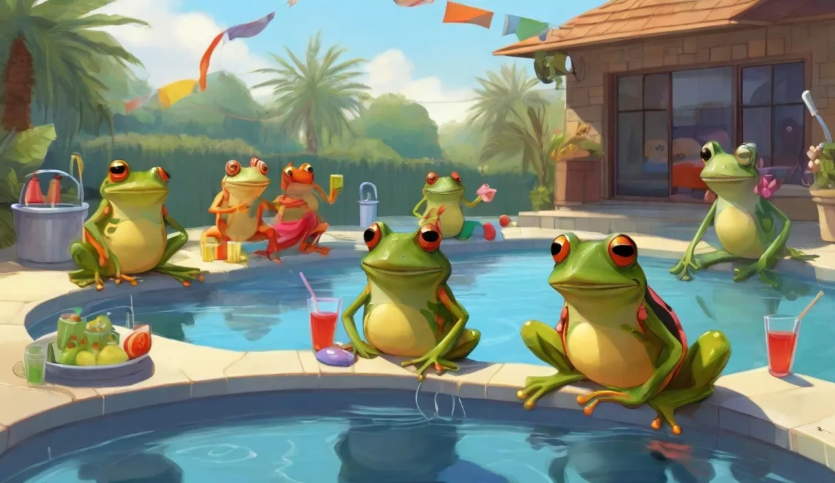 a group of frogs sitting on top of a swimming pool