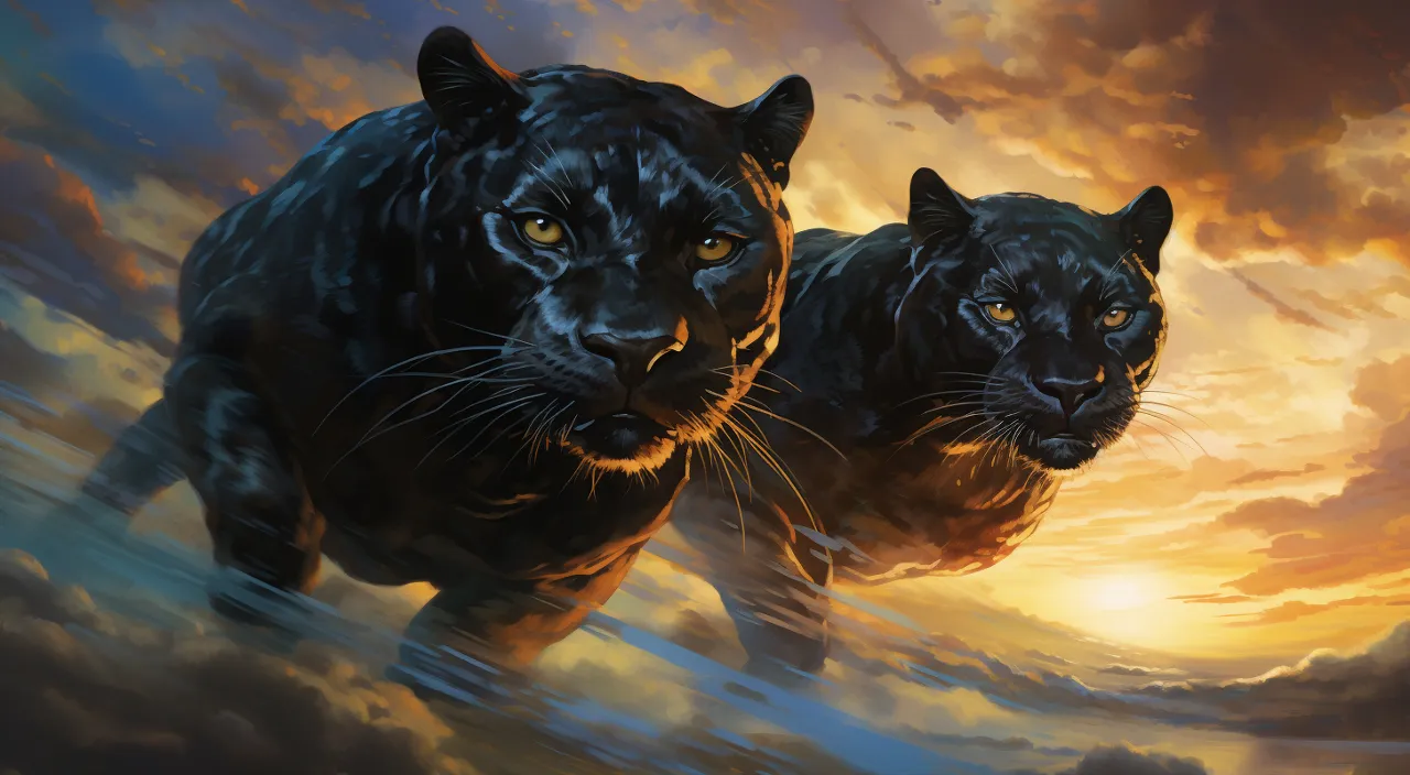 a painting of two black jaguars jumping in front of a sunset