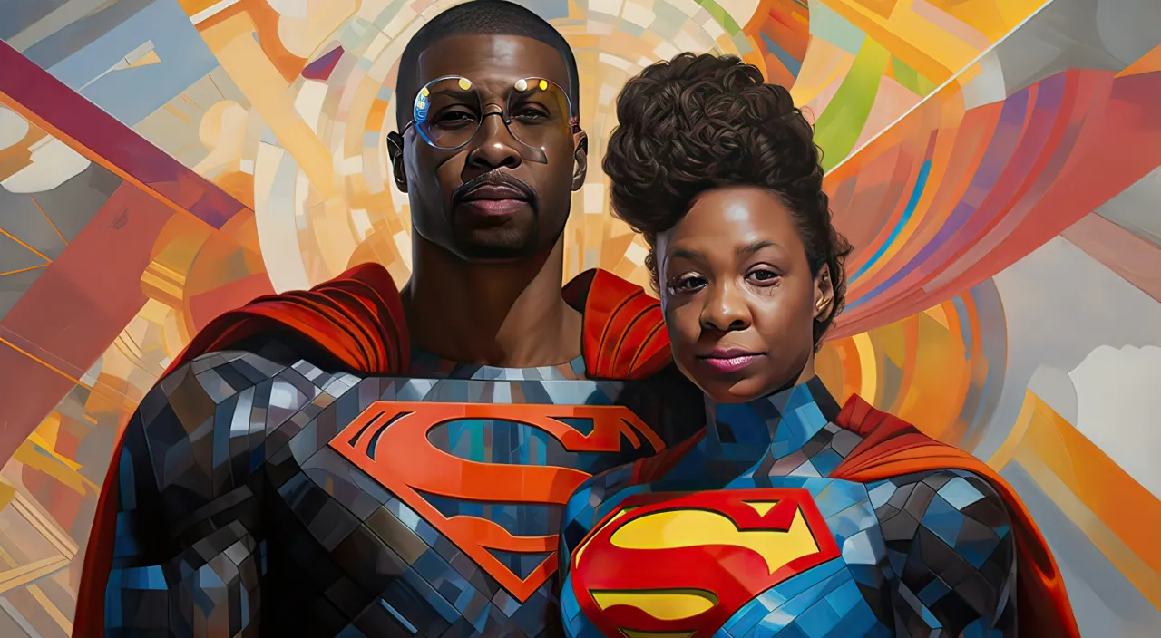 a painting of an african american man and a woman dressed as superman